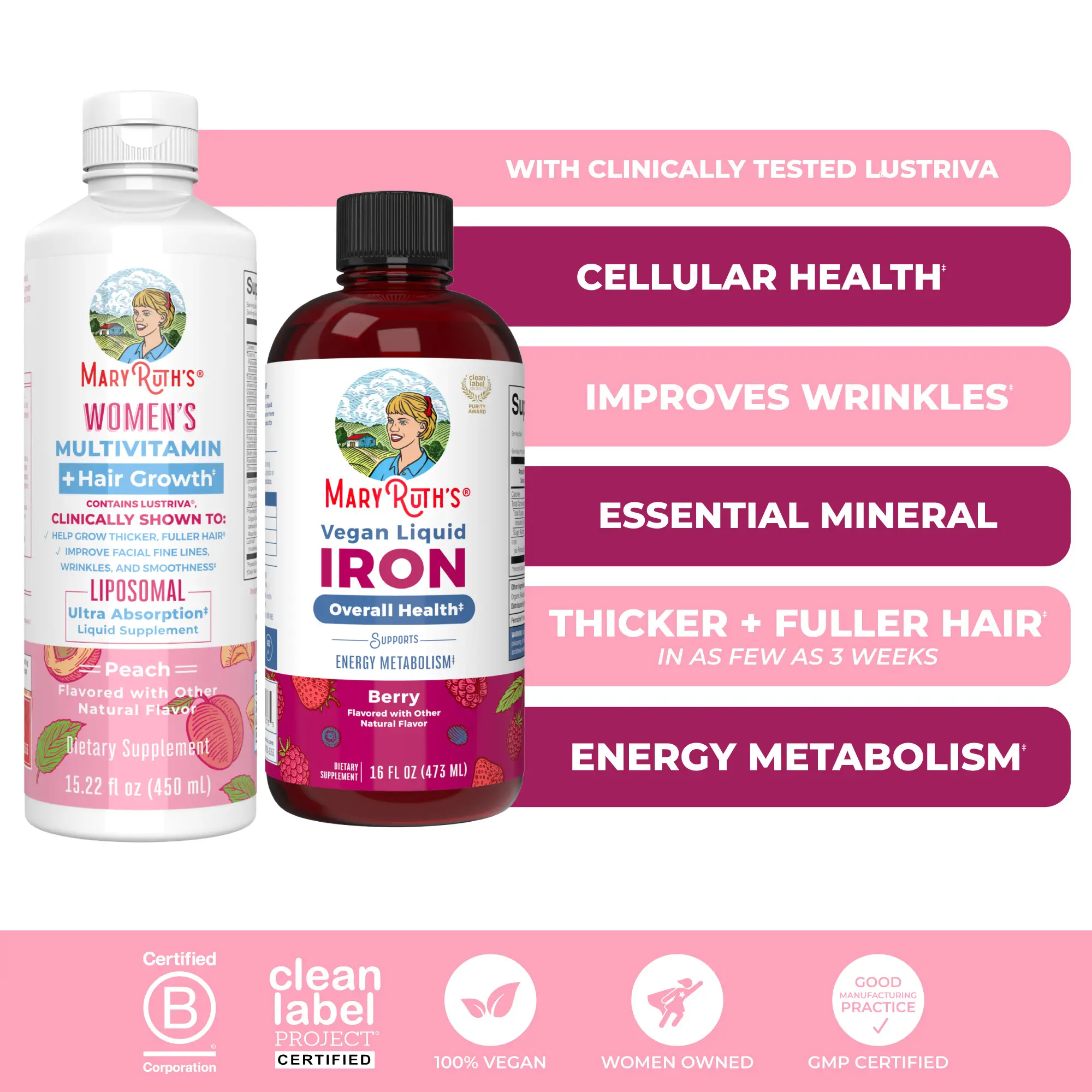 MaryRuth's Women's Daily Health + Iron Bundle - Women's Multivitamin + Hair Grow...