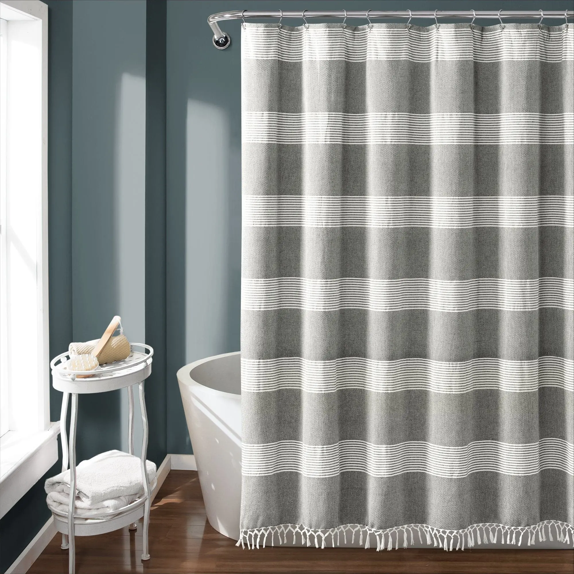 Lush Decor Tucker Stripe Yarn Dyed Knotted Tassel Shower Curtain Eco-Friendly Recycled Cotton Boho Farmhouse Decor