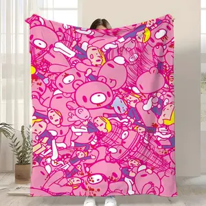 Gloomy Bear Pink Chaos Flannel Blanket Y2K Aesthetic Cozy Throw for Kawaii Dark Fans Iconic Design Soft Flannel Comfort Fade Resistant Print, Chaos Collage, Flannel Texture
