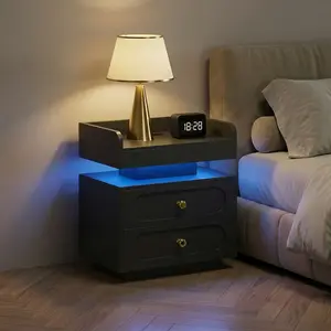HOMBCK [Nightstands With Charging] 1pc/2pcs Nightstands With Charging Station, LED Lights, Bedside Tables With 2 Rounded Design Drawers, Modern Style, Easy To Install, End Table For Bedroom, Black
