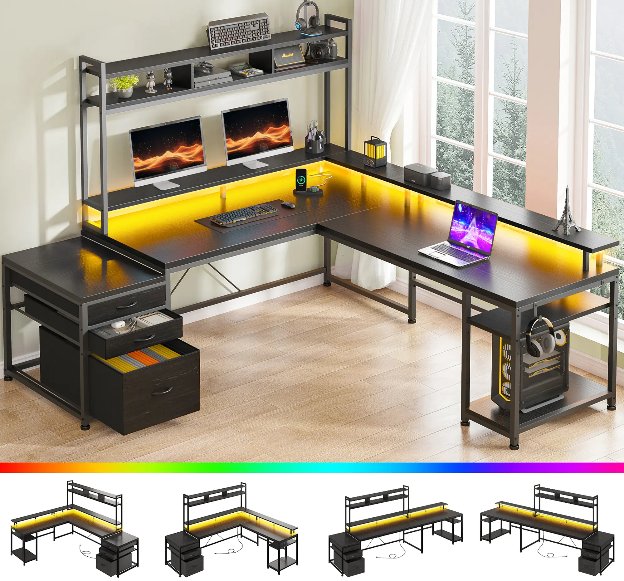 Raybee Furniture Gaming Desk with LED Large Reversible L Shaped Gaming Desk with Drawers & Storage Shelves Wide Gaming Computer Desk with Monitor Stand & Power Outlets Gaming Table for Home Office