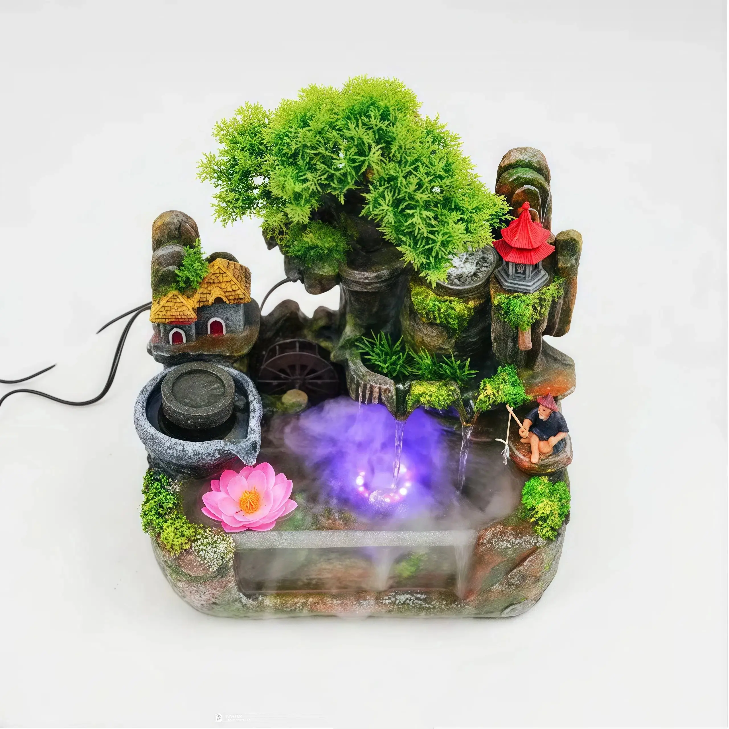 CNCEST Desktop Water Fountain Mini Waterfall with Color Changing Lights Soothing Sound & Mist Effect for Meditation Yoga & Stress Relief Green Clear Modern Resin Atomizer Design 30*20*38cm, Home Decor Statue, Interior Decoration Accessories