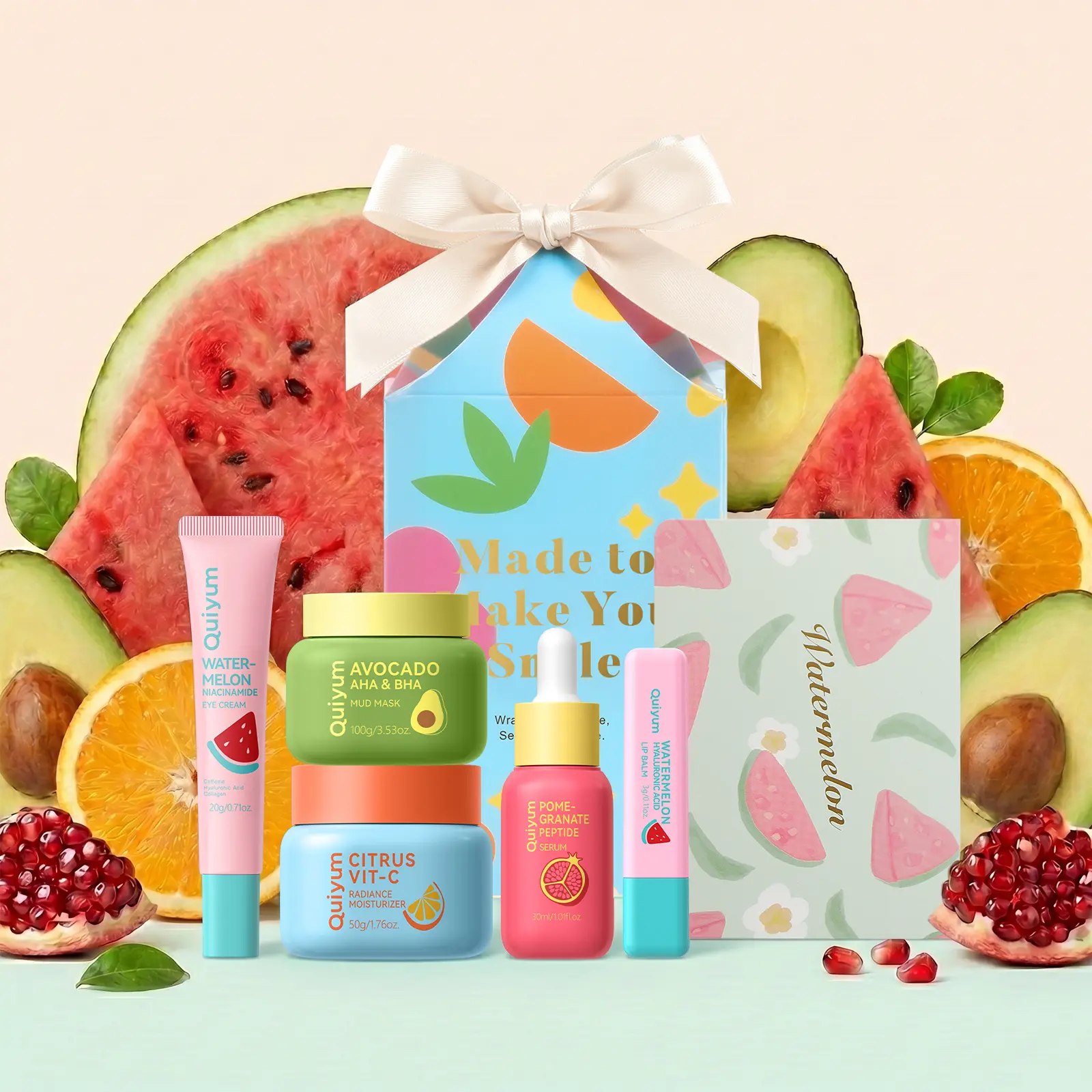 5-Piece Fruit Skincare Set for Women, Facial Skin Care Kit with Avocado Mud Mask, Vitamin C Face Cream, Peptide Serum, Niacinamide Eye Cream & Lip Balm, Hydrating & Brightening Beauty Gift Sets for Teens, Girls, Birthday,