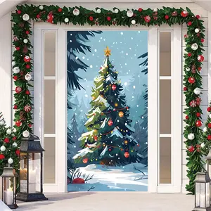Christmas Front Door Decoration Cover Porch, Elastic Fabric Door Cover for Decorating Stretch Gate Covering for Interior, External Festive Season House Decoration