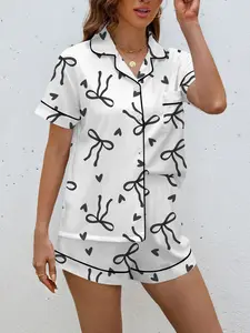 Women's Bow Heart Sleepwear Set, Short Sleeve Button-Up Soft Top & Loose Elastic Shorts, Casual Home Wear, Party