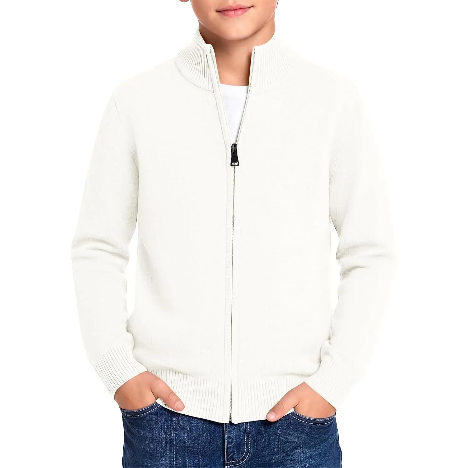 Boys Full Zip Cardigan Sweater Mock Neck Uniform Sweaters 5-14Y | Kids Youth Long Sleeve Cardigan Sweaters, Stand Collar, Ribbed Hem, Warm Soft, School Casual Fall Winter Outerwear