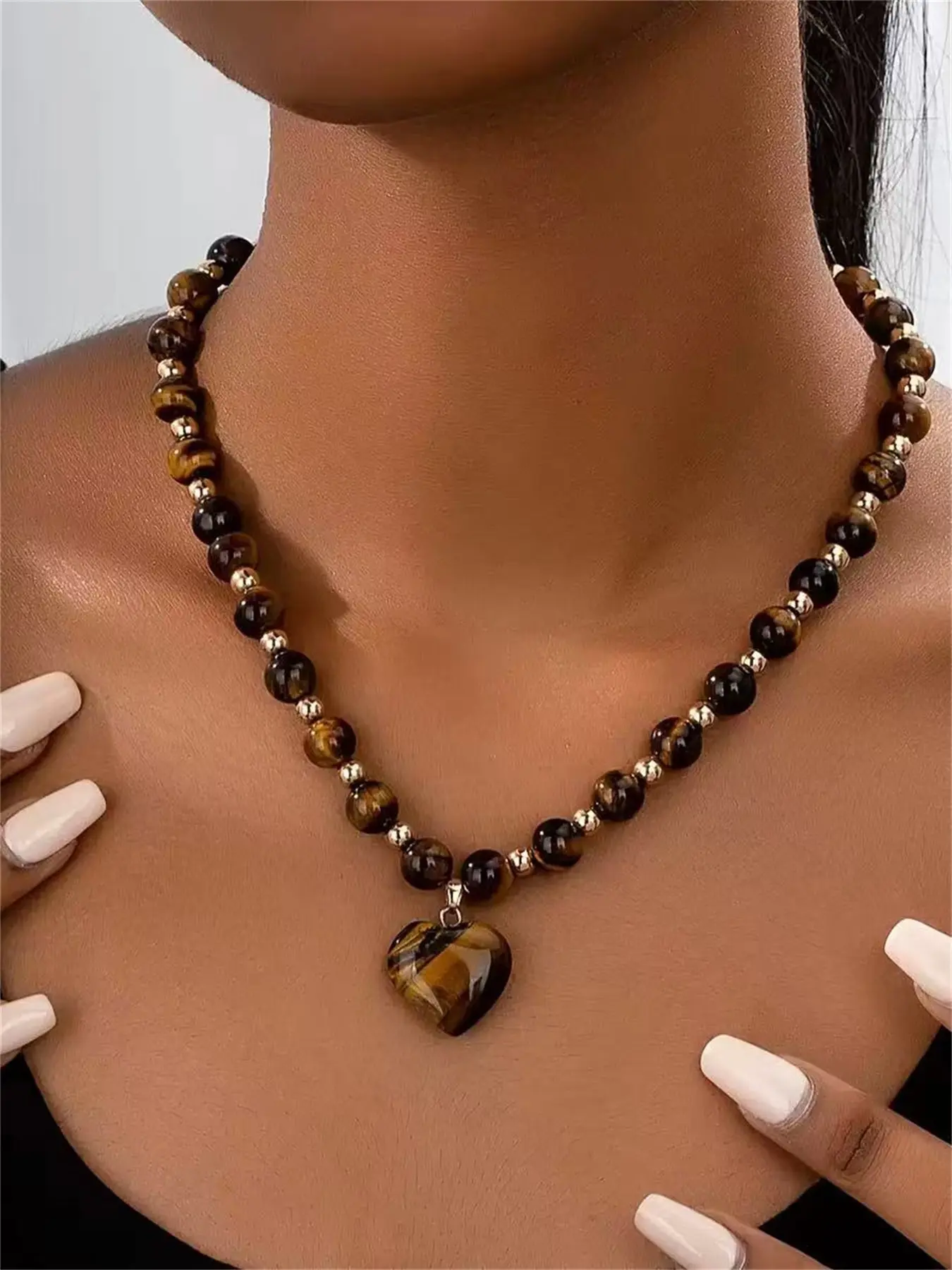 Vintage fall ladies jewellery fashion tigers eyes necklace women natural stone beaded choker winter fall Choker Style Necklace Fashion Accessory Necklace Neck Jewelry