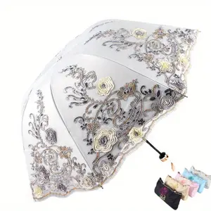 Ladies Elegant Vintage Embroidered Lace Double Layer Vinyl Trifold Umbrella - UV Protection, Plastic Handle, Iron Frame, Manual Opening