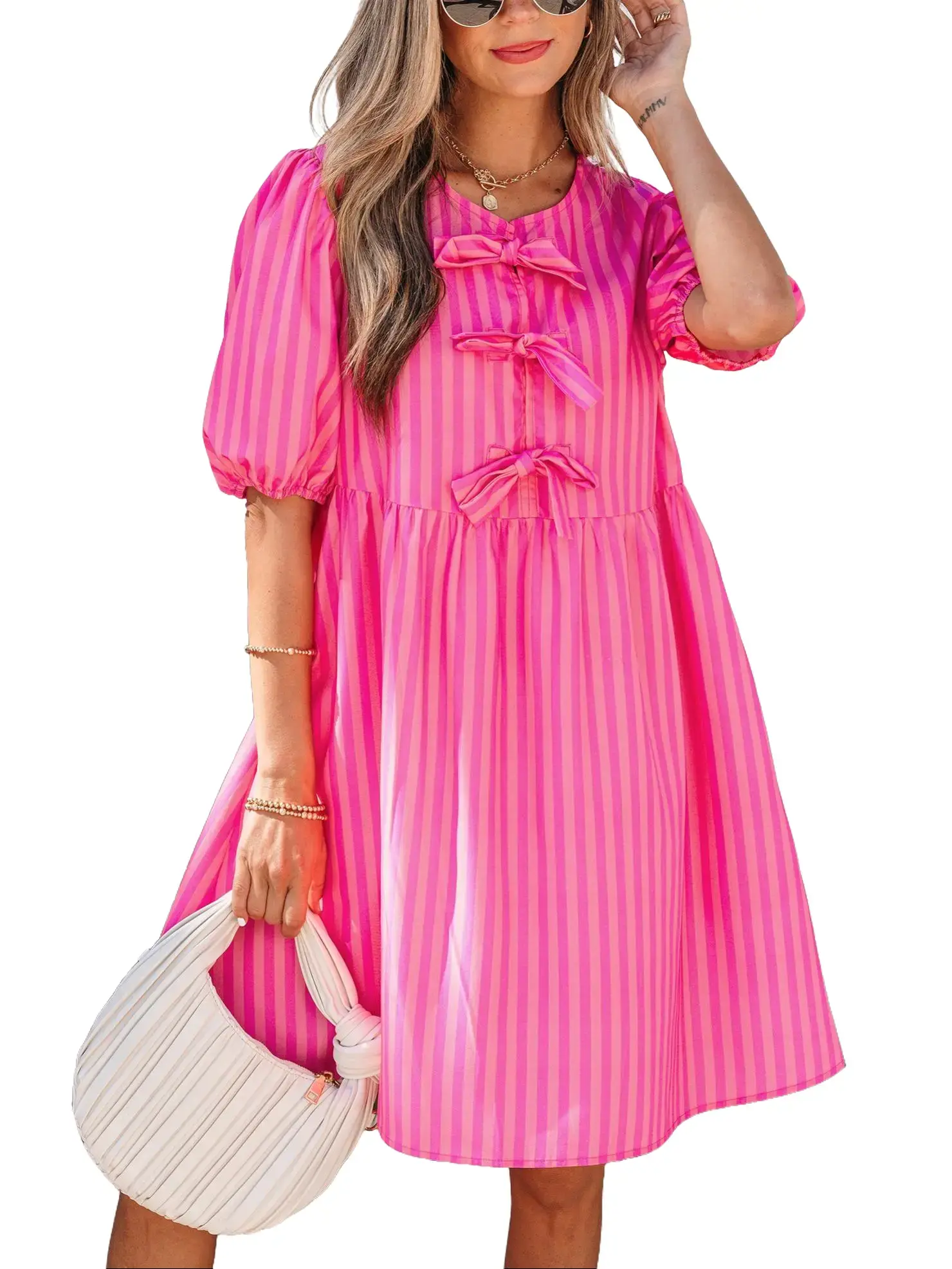 Women's Casual Fit Chic Rose Striped Polyester Mini Dress - Short Puff Sleeves, Front Bow, High Waist, Hidden Pockets, Breezy, Puff Sleeve Drama, Elongating Stripes, Pocket Convenience, Elegant Daily Wear