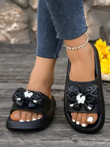 Women's Cute Bowknot Design Slides, Casual Comfortable Non-slip Slippers for Indoor Outdoor Beach, Summer Barefoot Shoes for Daily Wear, Girl