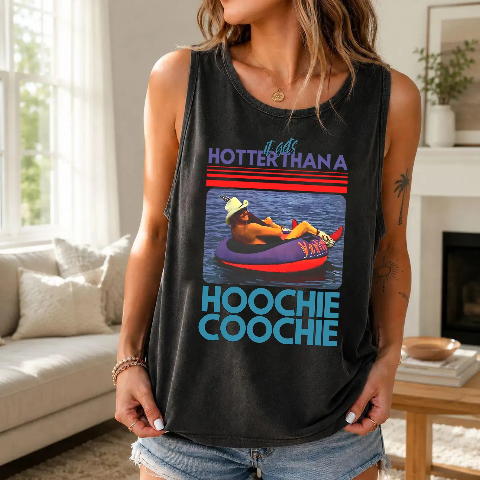 Hotter Than A Hoochie Coochie Vingtage Comfort Colors Tank, Meme Summer Vacation, Music Lover Shirt, 90s Country Music, Trendy Summer Tank, T-shirt