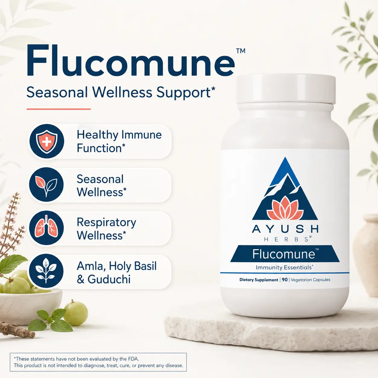 Ayush Herbs Flucomune Herbal Blend Immune Support Supplement - 90 Capsules, Antioxidant Rich, Immune Boost, Sinus & Respiratory Therapy Support for Adults, Unflavored