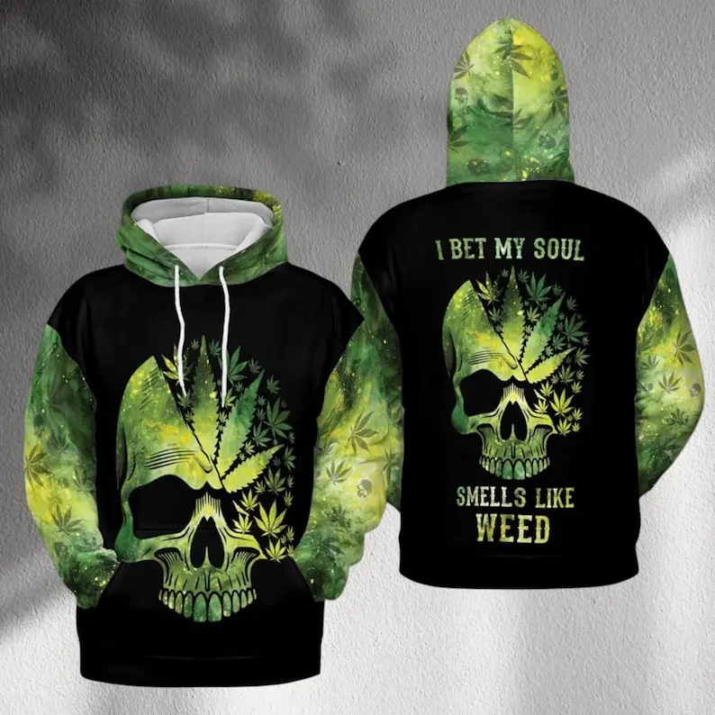 I Bet My Soul Smells Like Weed Hoodie, Green Skull Cannabis Leaf 3D Print Pullover, Unisex Streetwear