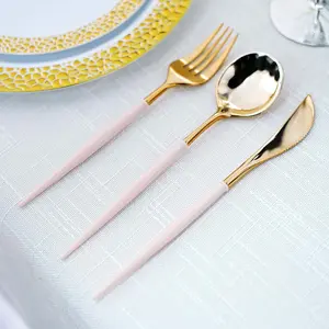 24-Pack Plastic Flatware Set 8" Metallic Gold with Blush Handle - Modern Heavy Duty Disposable Silverware