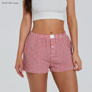 Woof Chic Lane Women's Red Checkered Pajama Pants Elastic Low-Rise Button-Down Front Opening Casual Shorts Boxer Briefs Loungewear S-XL Multiple Colors Available - Spring, Fabric