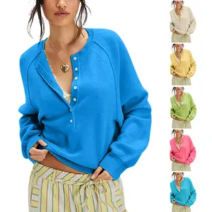 Buenoble Women Loose Button Front Knit Pullover Henley Neck Long Sleeve Knitwear Solid Cropped Sweater