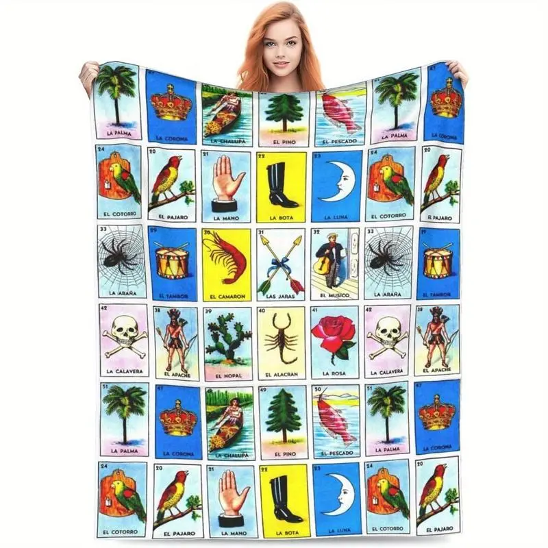 Mexican Loteria Card Pattern , Soft Flannel , Cool Bedroom Bedding , Air-conditioned Room , Warm Nap  for Home & Office sofa decor  cozy Print cooling  novelty comfortable sofa  pig love blanket cartoon flannel throw blanket