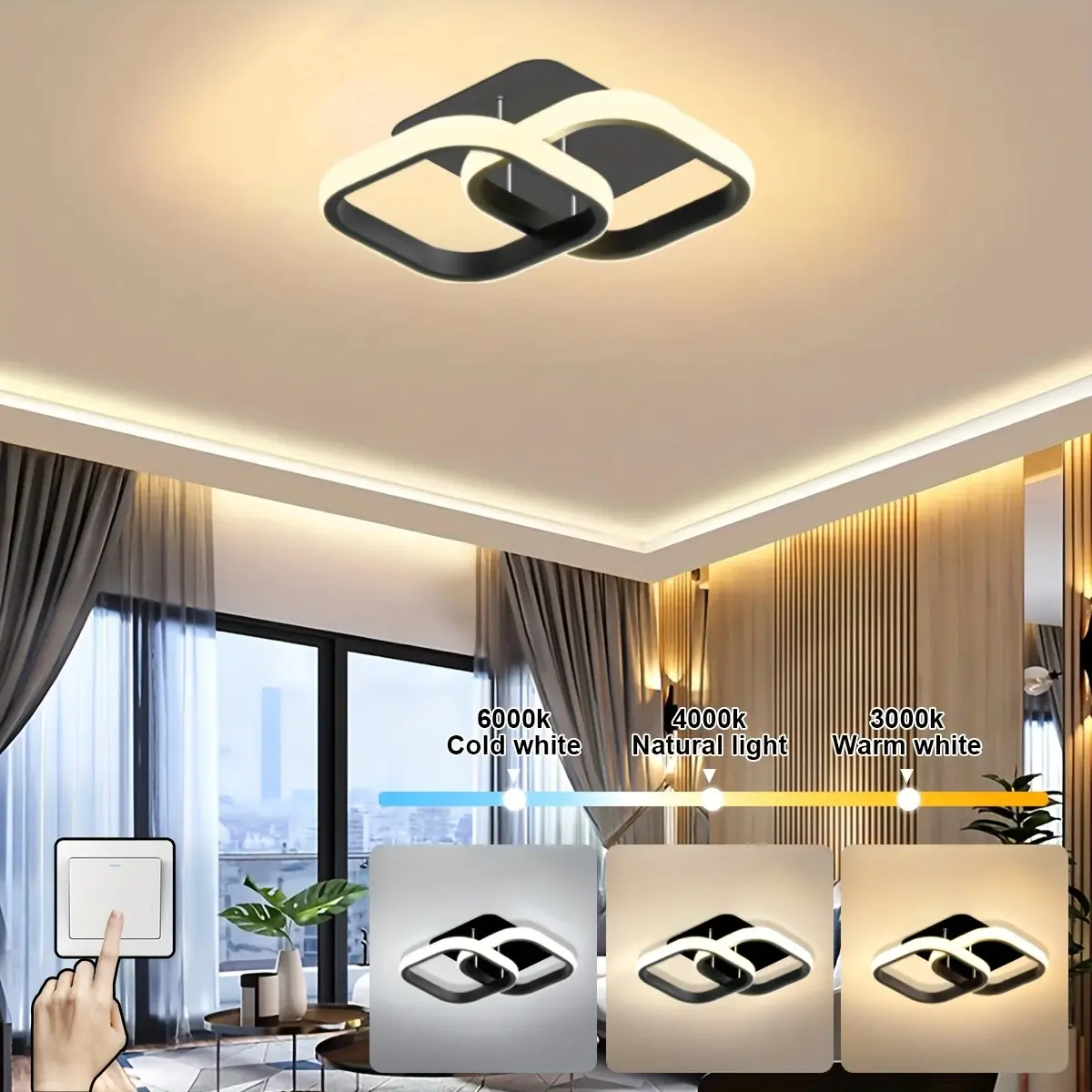 Square Iron LED Ceiling Light, Adjustable Color Temperature 3000-6000k, Metal Pendant Lamp with Shade, Hard Wired 110-240v, Modern Mood Lighting, Ceiling Led Lights