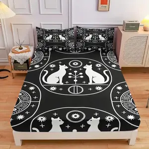 3-Piece Comfortable And Mysterious Cat Print Bed Hat Set, High-Definition Digital Printing, Soft And Breathable, 100% Polyester Fiber, Perfect Gift For All Seasons, Suitable For Family And Friends. Clearance Sale