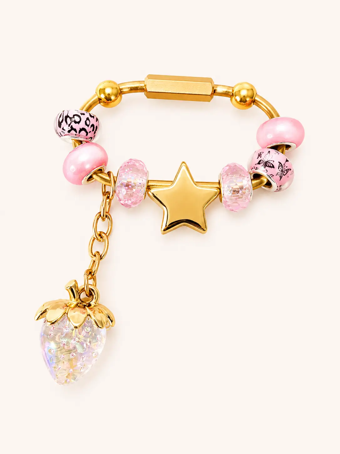 Pink Carabiner Bag Charm with Gold Star Slider – Handmade Gold Brass Bag Charm with Iridescent Strawberry Dangle