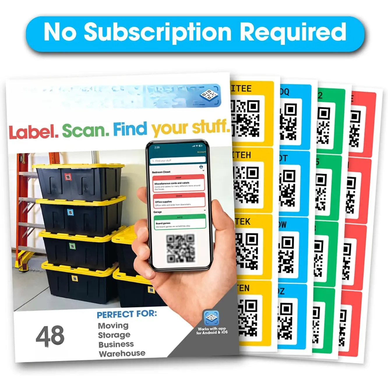 QR Code Stickers Pack of 48 ()  - QR Code  for Storage & Inventory , Storage Unit Organization, App Stickers for Inventory Organization & Moving Supplies