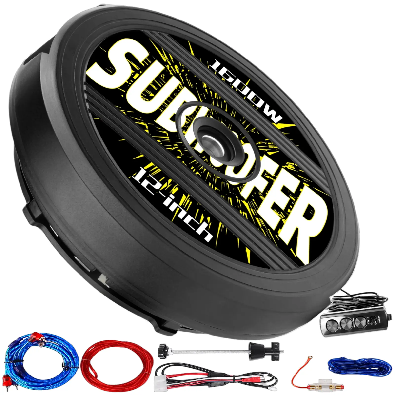 SCBPAUD 12-in Car Subwoofers Full Set - 1600W Built-in Amplifier, Slim Rear Underseat Trunk Bass Speaker for Trucks, SUVs, Car Audio Equipment