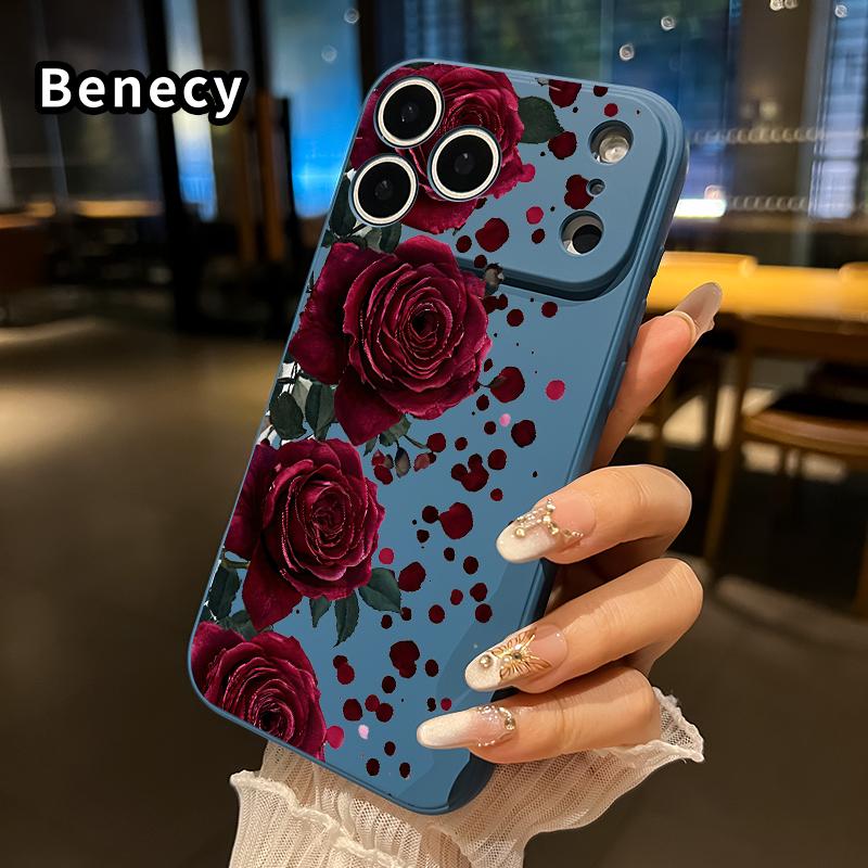 Straight Edge Phone Case for iPhone 17 15 16 14 Pro Max 13 12 11 XR XS Plus Air E Blooming Ruby Roses Pattern Drop Protection Shockproof Soft Liquid Silicone Smartphone Cover