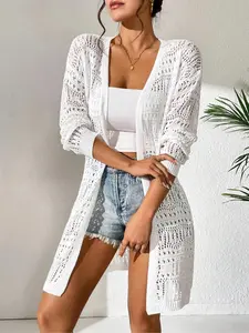 Women's Solid Hollow Out Sheer Open Front Cardigan, Casual Drop Shoulder Long Sleeve Outerwear for Summer, Fashion Women's Clothing for Daily Wear