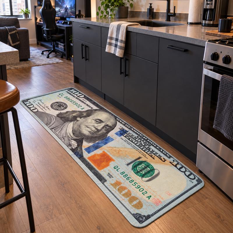 Dollar Bill Print Diatomaceous Earth Floor Mat, 60 x 20 Inch Absorbent Soft Runner with Non-Slip Rubber Backing, Easy to Clean for Bathroom, Kitchen & Entryway