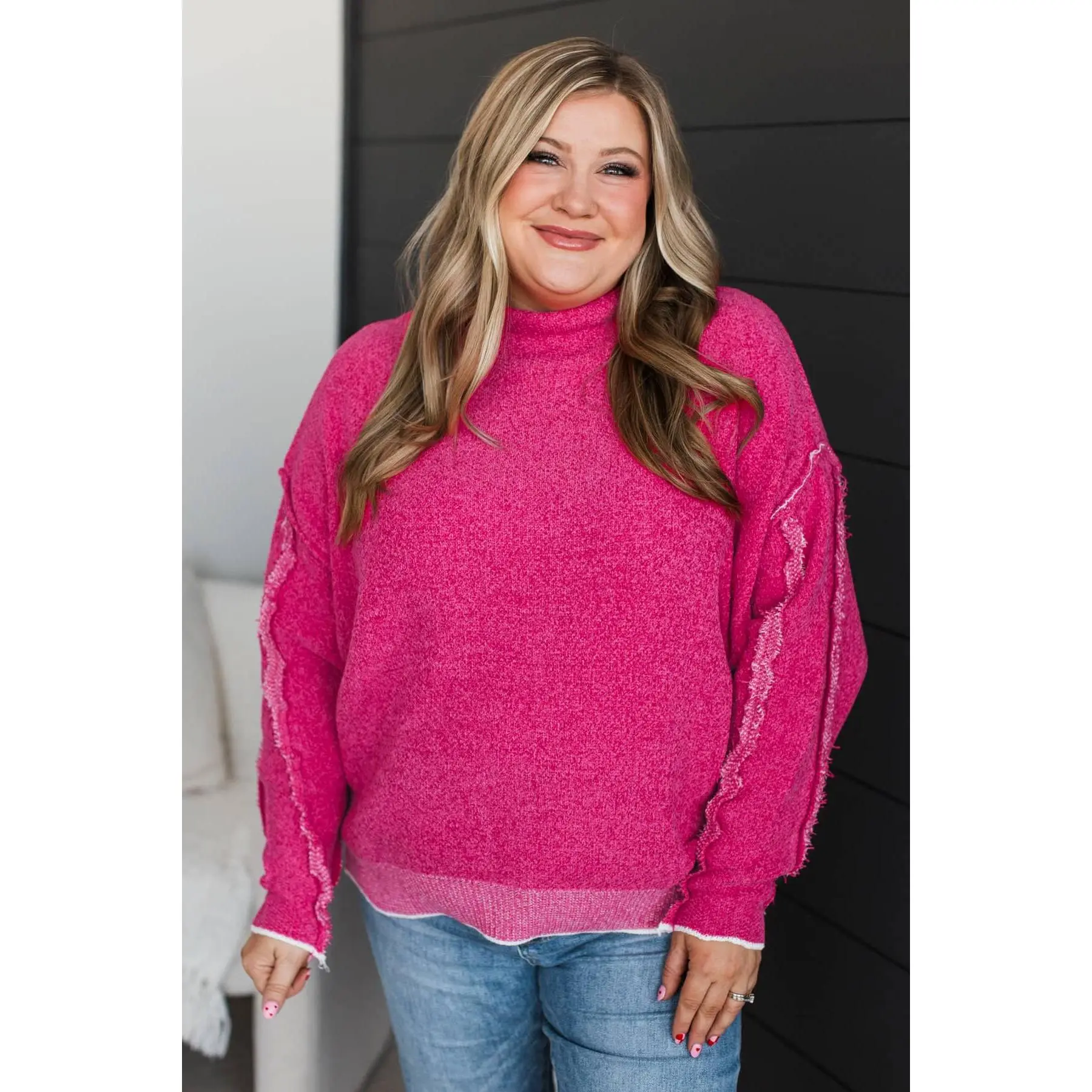 Women's Relaxed Fit Hot Pink Chenille Knitwear Pullover Sweater - Mock Neck, Drop Shoulders, Ribbed Bottom, Raw Hem, Acrylic Fabric, Good Stretch, Cold Wash Casual Top