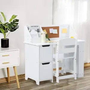Kids Study Desk and Chair Set, Wooden School Learning Table with Storage,Children Computer Desk with Chair, Small Toddler Desk for Home,White