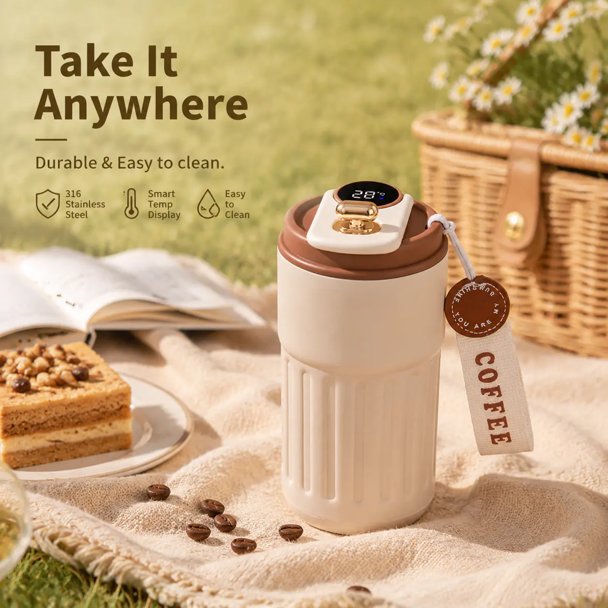 15 oz Stainless Steel Vacuum Insulated Flask with Temperature Display - Leak-Resistant Silicone-Sealed Travel Coffee Bottle, Portable Drinkware for Outdoor Camping, Heat & Cold Retention Kitchenware