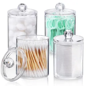 4 PACK  Qtip Holder Dispenser for Cotton Ball, Cotton Swab, Cotton Round Pads, Floss Picks - Small Clear Plastic Apothecary Jar Set for Bathroom Canister Storage Organization, Vanity Makeup Organizer
