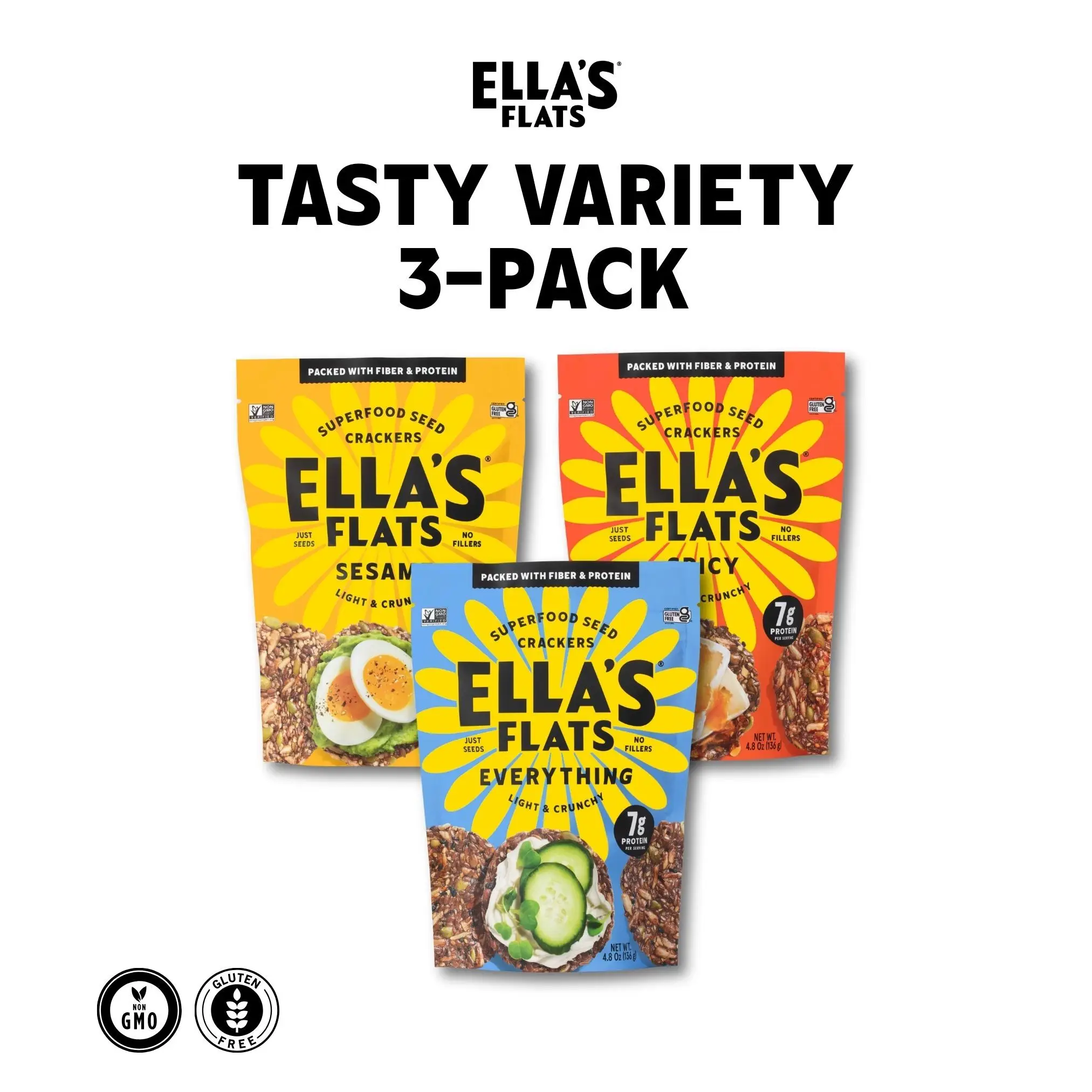 Ella's Flats Tasty Variety 3-Pack | Sesame | Everything | Spicy | 4.8oz | Light & Crispy Sesame Seed Crackers Snack Fiber