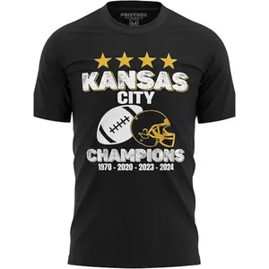Men'S Kansas City Champions Graphic T-Shirt - 1970-2024 Team Print, with Golden Lettering & Helmet Design, Soft Stretchy, Casual Round Neck Short Sleeve Shirt for Fans