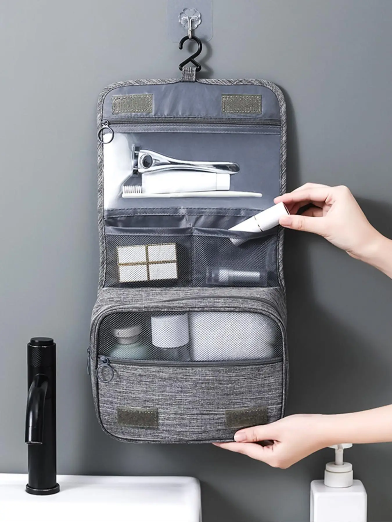 Multi-grid Toiletry Bag, Multifunctional Large Capacity Travel Toiletry Organizer, Zipper Toiletry Organizer Pouch for Home, Outdoor, Travel, Camping,