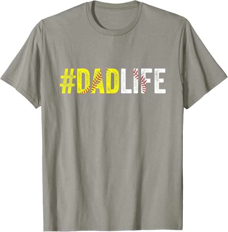 Dad Life Softball Daddy Baseball Sports Lover Father's Day Men's Letter Print Solid Round Neck Tee, Regular Fit Casual Short Sleeve T-shirt, Graphic Summer Outfits, Daily Outdoor