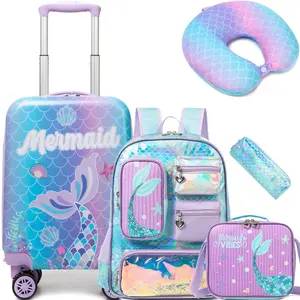 5-in-1 Mermaid Luggage and Backpack Set for Girls, Kids Hardshell Carry-On Suitcase with School Bag, Crossbody Lunch Box, Pencil Case & Neck Pillow portable