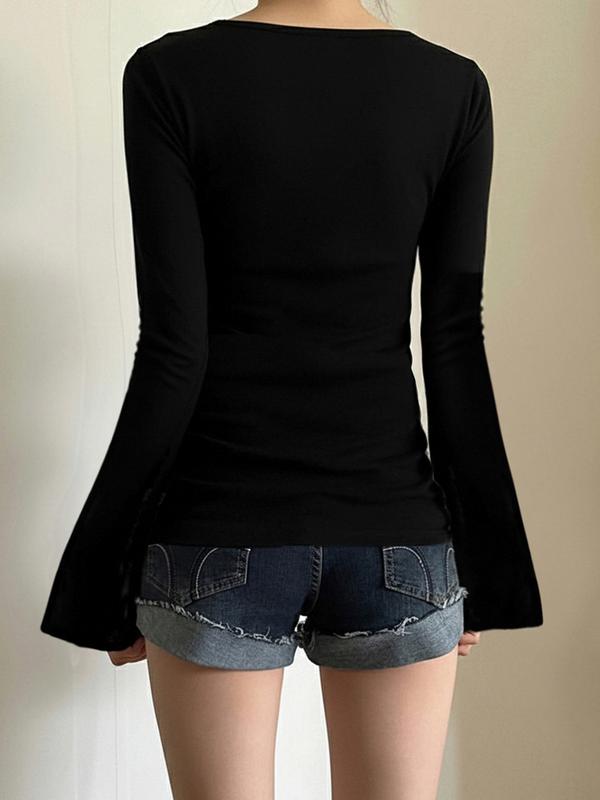 Sexy Elegant Low Neck Knit Half Placket Top. Casual Classy Top Flare Sleeve Loose Baby Doll Blouse. Solid Black Casual Y2K Minimalist T-Shirt for Daily Commute & Dating.