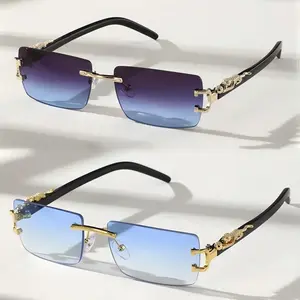 2 PCS Fashionable Trendy Stylish Frameless Rectangular Gradient Lenses Sunglasses with Rhinestones Leopard Decor for Unisex Daily Life UV Protection
