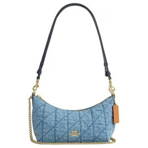 Coach Caitlin 24 Quilted Handbag with Gold Hardware, Fabric and Leather Combo, Medium Crossbody/Shoulder Bag for Women, Indigo Blue