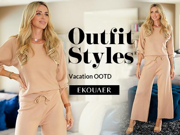 Ekouaer Women's Soft and Comfortable Knitted Long Sleeve Round Neck Top and Pocket Wide Leg Pants Res Loungewear t Home Clothes 2-piece Set,Outfits for Daily, Downtown Girl Clothes. Christmas 2025 Trend, Fall & Winter Womenswear Casual