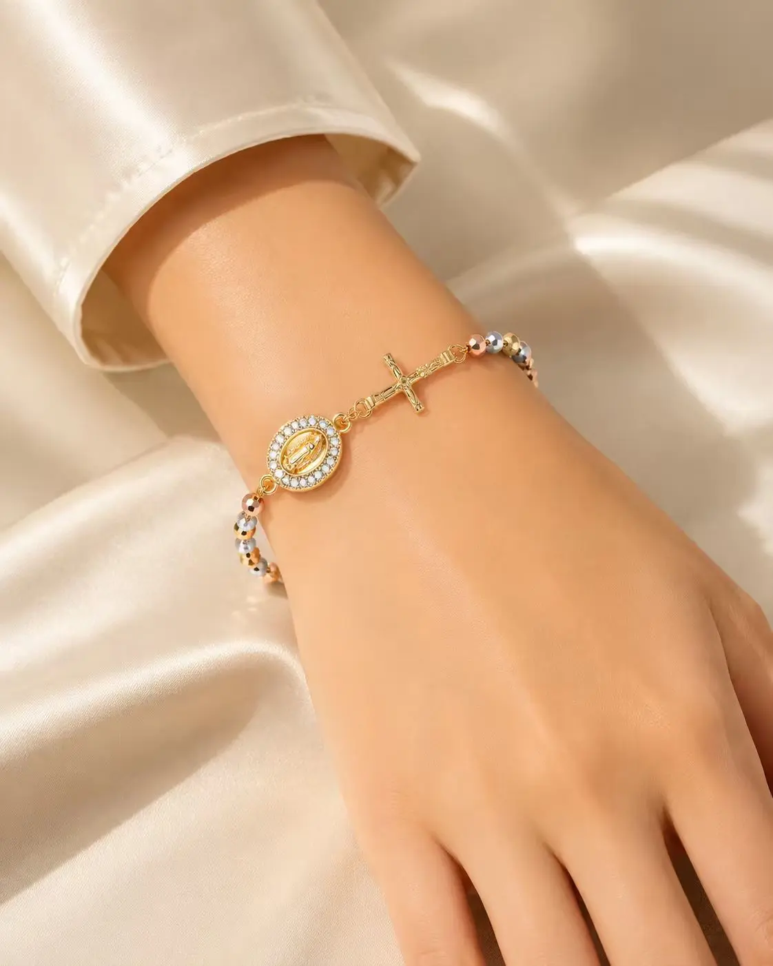 Catholic Crucifix Gifts Rosary Bracelet for Women-14K gold plated Virgin Mary Jesus Saint Benedict Cross Charm Link Chain, Dainty Virgen de Guadalupe Religious Gift for Confirmation Baptism First Communion