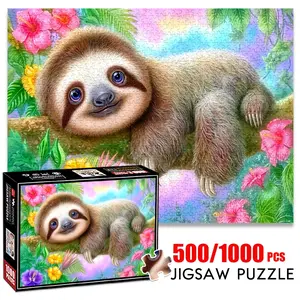 1pc 1000 piece adult puzzle 70x50cm Smiling Sloth on Branch with Tropical Flowers500 pieces of paper jigsaw puzzle, suitable for adults and families, large-scale DIY puzzle interactive toy games, b
