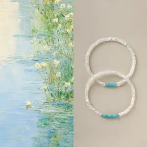 OvalletOoh Vintage Turquoise & White Shell Beaded Bracelet - Handmade Natural Stone Elastic Chain