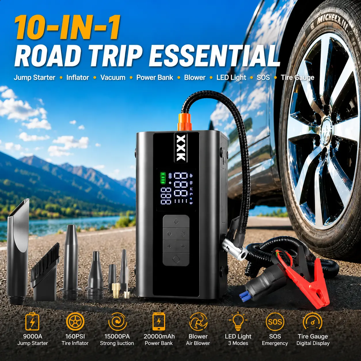 XXK 10-in-1 Jump Starter with Air Compressor, 9,000A Battery Booster, 160 PSI Tire Inflator, 15,000 Pa Car Vacuum, Air Blower and Power Bank