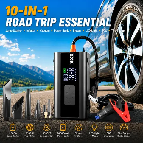XXK 10-in-1 Multi-Function Automotive Portable Jump Starter - 9000A Peak Current, 20000mAh Power Bank, 160PSI Inflator, 15000Pa Car Vacuum, Air Blower, SOS Function, for Boosting Dead Batteries, Emergency Starts, Removing Sand and Debris