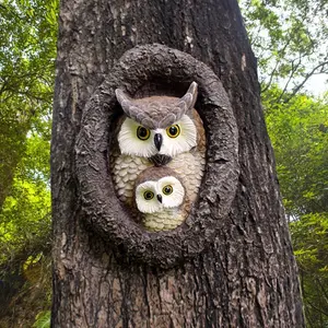 Owl Tree Huggers - Curious Tree Carving Garden Statue - Outdoor Tree Decorative Item - Tree Facial Decorative Item - Garden Spy Courtyard Art Decoration Garden Sculpture (A pair of owls and a kitten)
