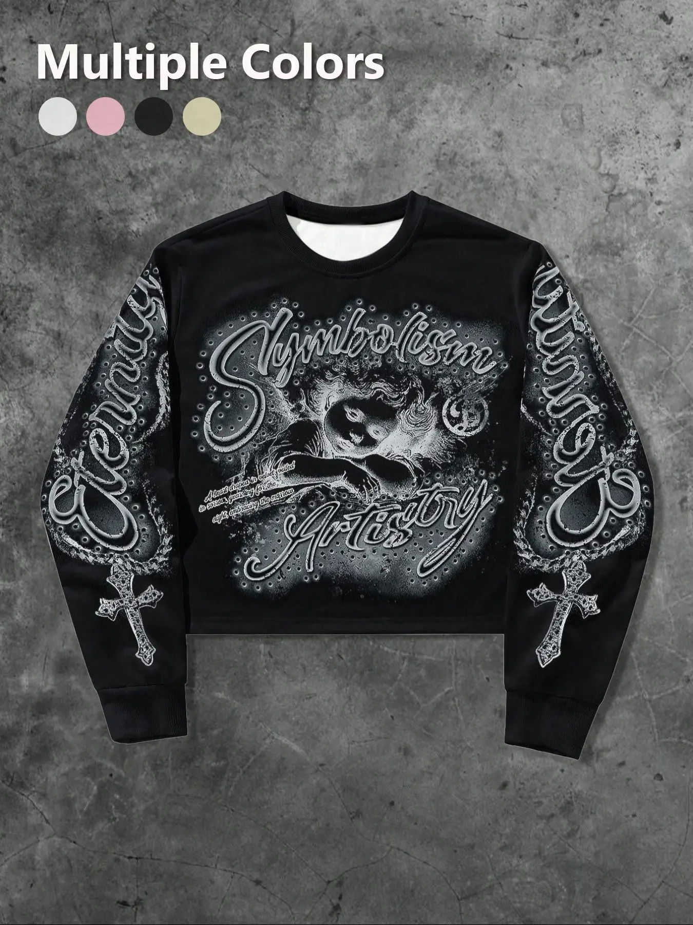 Men's American Vintage Angel Cross Short Menswear Sweatshirt, Round Neck, Casual Fashion, Loose Fit, All Seasons, Cartoon Letter Print, Casual Style Sweatshirt