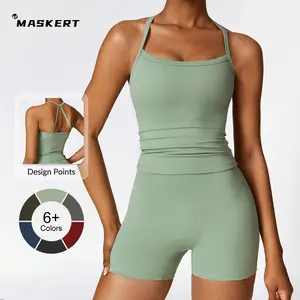 MASKERT Women's  Two Piece Set Sports Tank Top & High Waist Skinny Shorts for Yoga Gym Workout